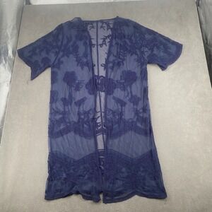 Womens Duster Cardigan Denim Blue Floral Sheer Lace Open Front Short Sleeve
